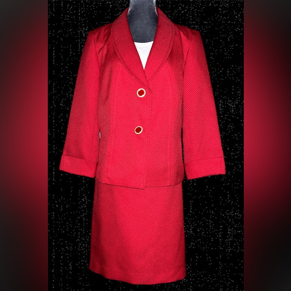 Emily two piece coord set business jacket and skirt power red retro buttons